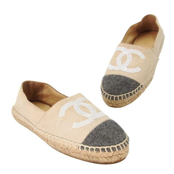 Chanel Espadrille 37 Glitter Fabric Leather Cc Cap Toe Flats CC-S0207P-C026 - Picture 1 of 11